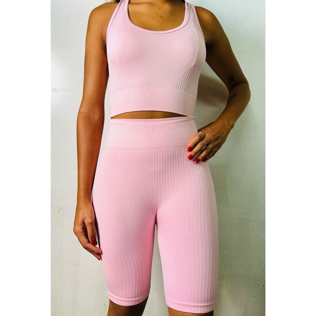 Conjunto Academia Importado Top e Bermuda Ciclista Canelado Suplex Fitness Promoção