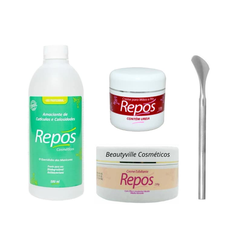 Kit Spa Repós Amaciante Cutículas e Calos 500ml + Creme Uréia 120g + Esfoliante 250g + Espátula 222