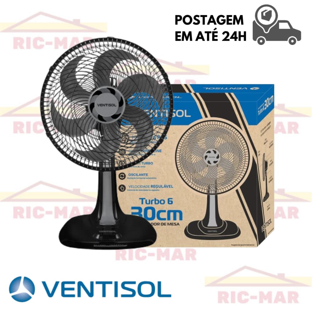Ventilador de Mesa Oscilante Turbo 6 pás Preto 30cm - Ventisol