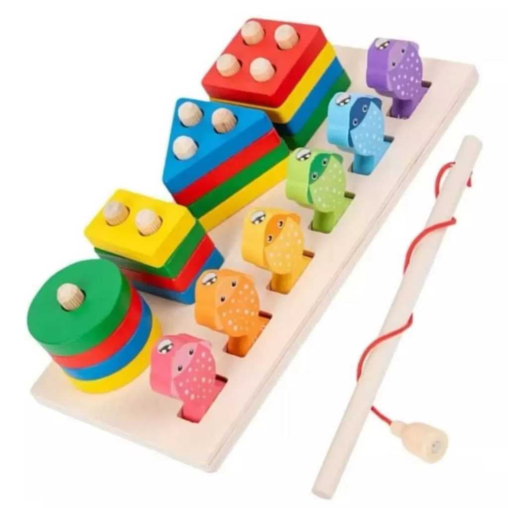 Formas Geométricas e Pega Peixe Educativos 23 Pcs Madeira