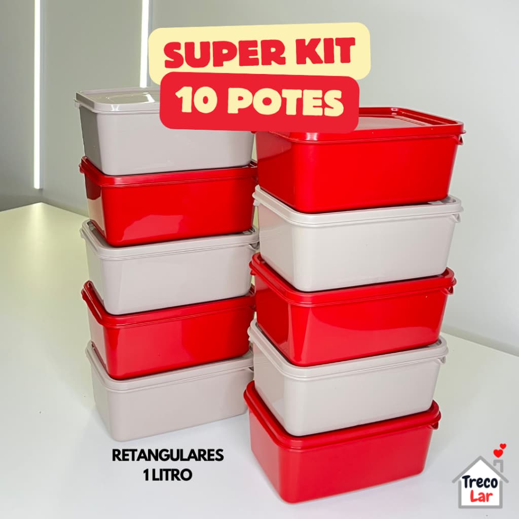 Kit 10 Potes Retangulares Marmita de 1 Litro - Plástico - Tapoer - Vai no Freezer e Micro-ondas.