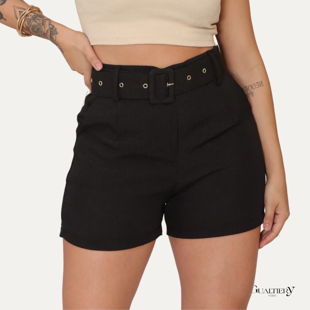 Shorts Feminino Cintura Alta com Cinto Linho Bolso e zíper Lateral Novo Short Meia Coxa
