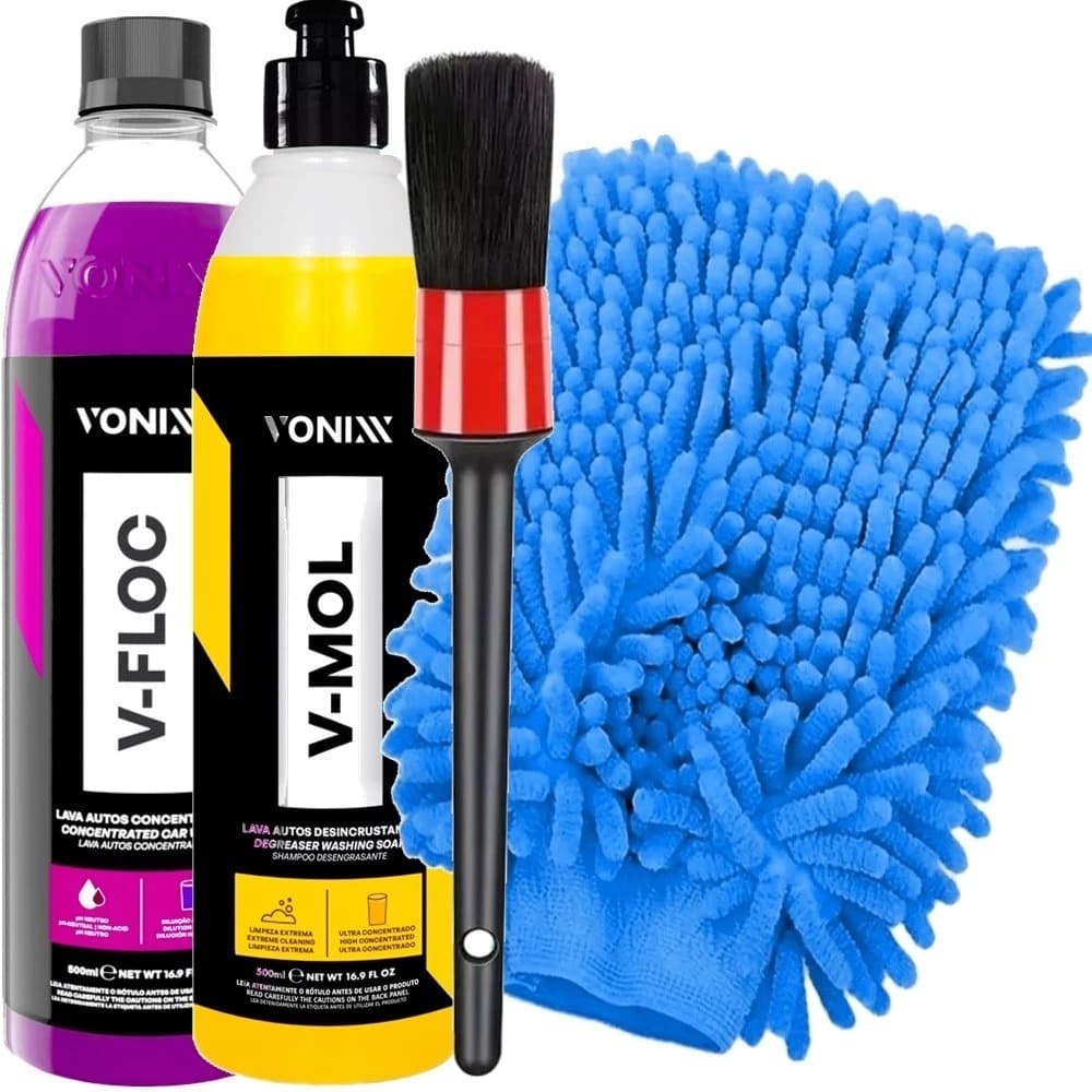 Kit Lavagem Moto Shampoo Neutro V-Floc Vonixx e Shampoo para Barro V-Mol Vonixx Pincel e Luva Líder