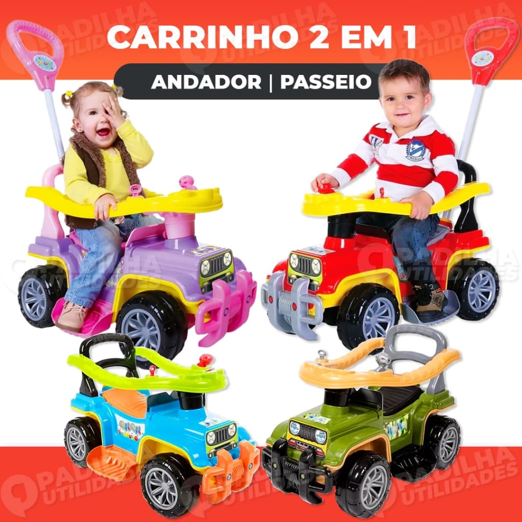 Carrinho Jip Jip 2 Em 1 Andador E Passeio Infantil Com Empurrador Bebe Jipe Totoka Quadriciclo