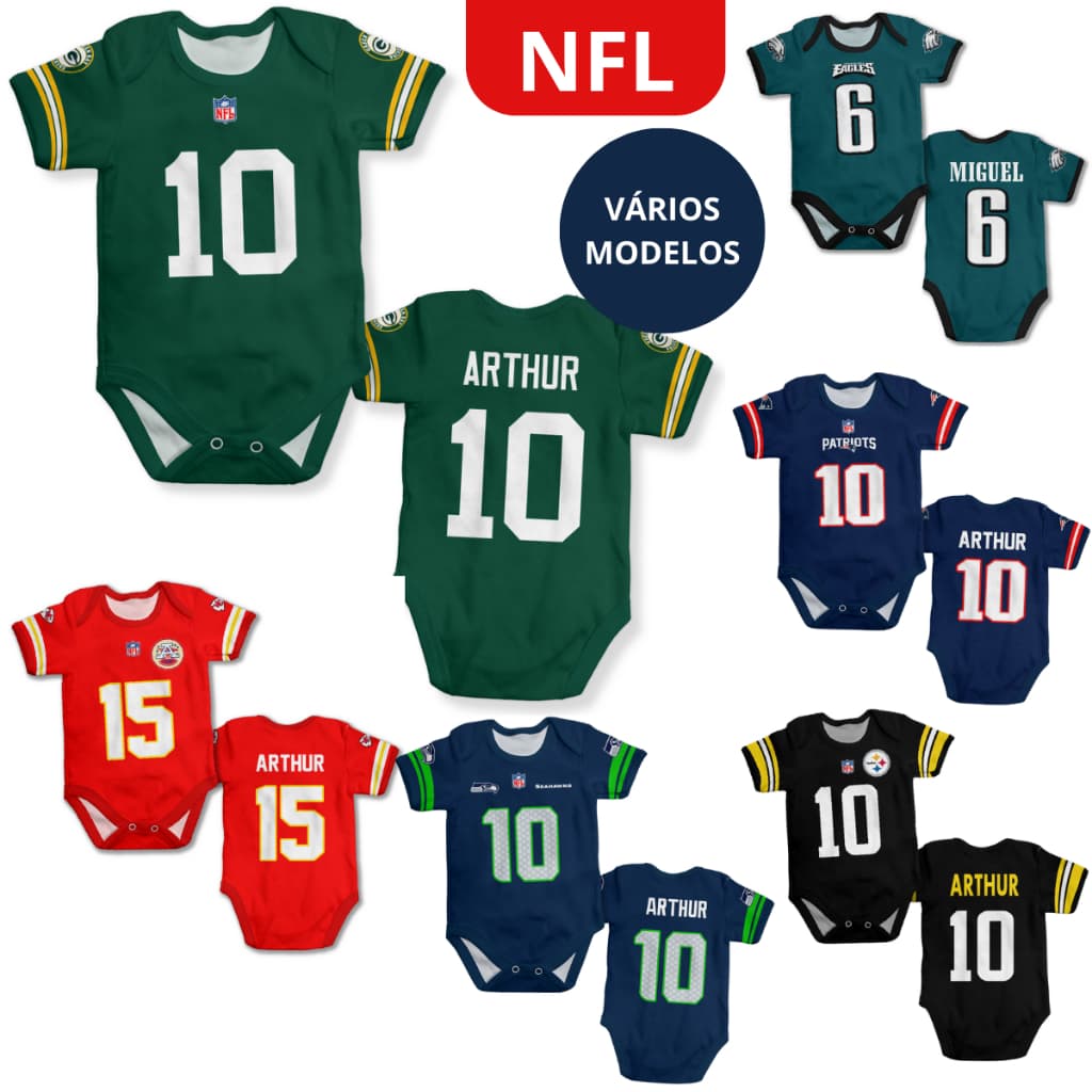 Body bebê NFL personalizado com nome VÁRIAS ESTAMPAS