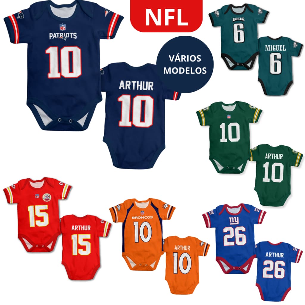Body bebê NFL personalizado com nome VÁRIAS ESTAMPAS