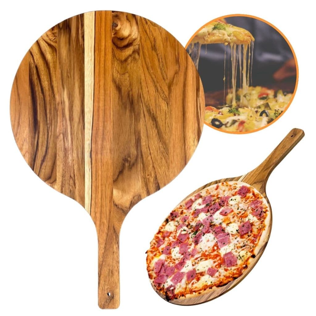 Pá Para Pizza Em Madeira Teca 35Cm Com Cabo Curto Para Forno e Pizzaria