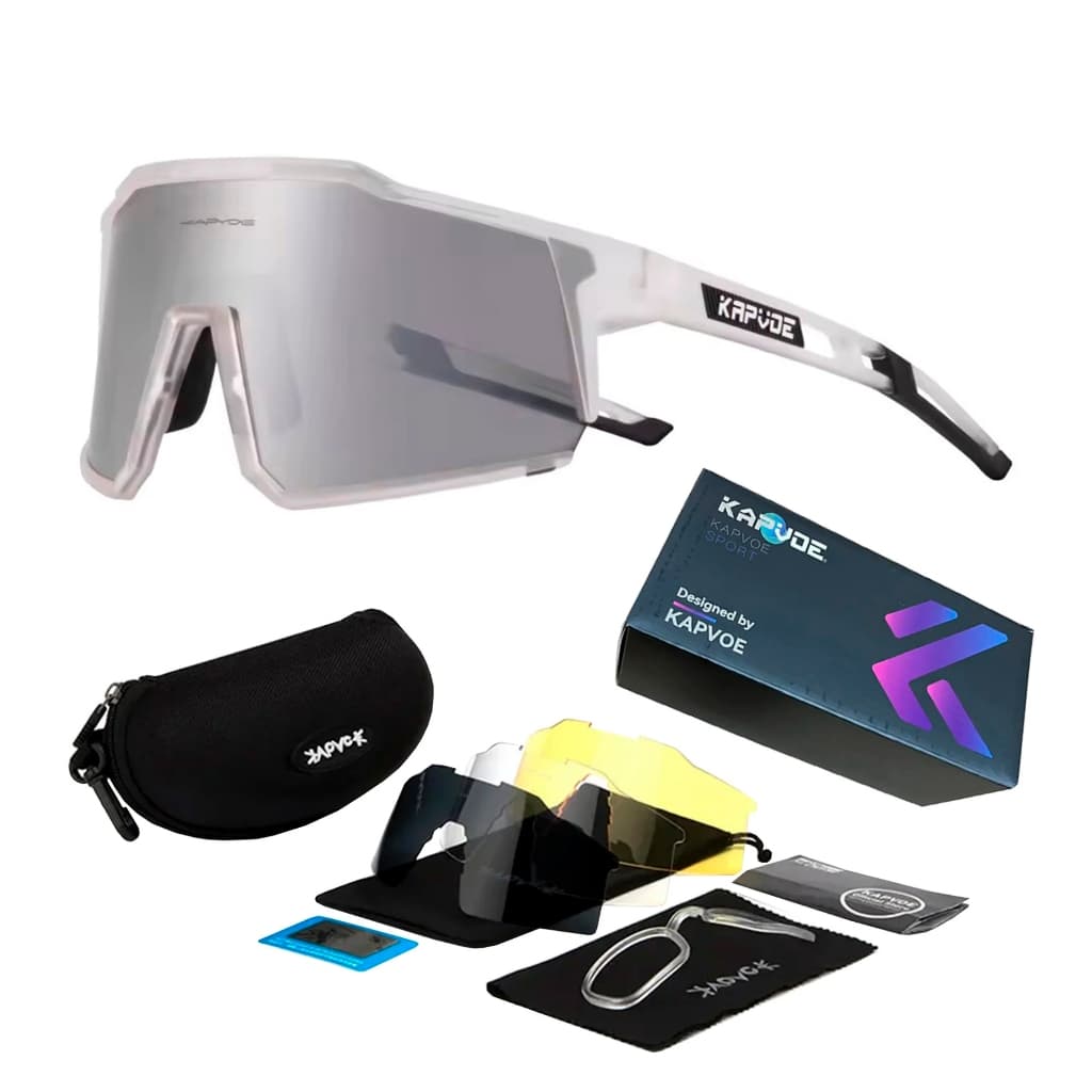 Óculos de Ciclismo Branco Cinza Com 4 Lentes + Case Original - Kapvoe