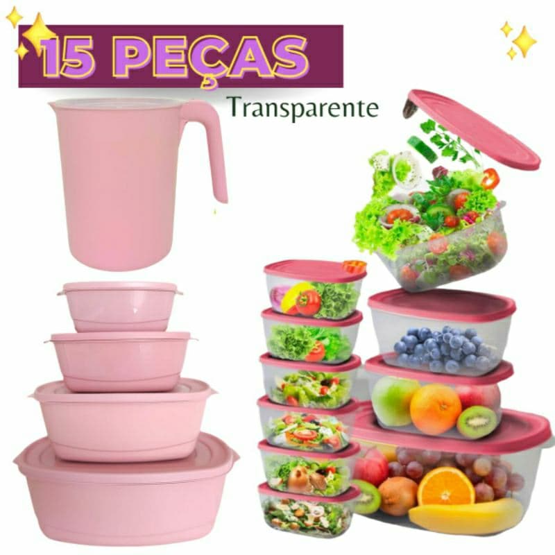 Kit 15 Potes plástico Vasilhas com Tampa Hermético