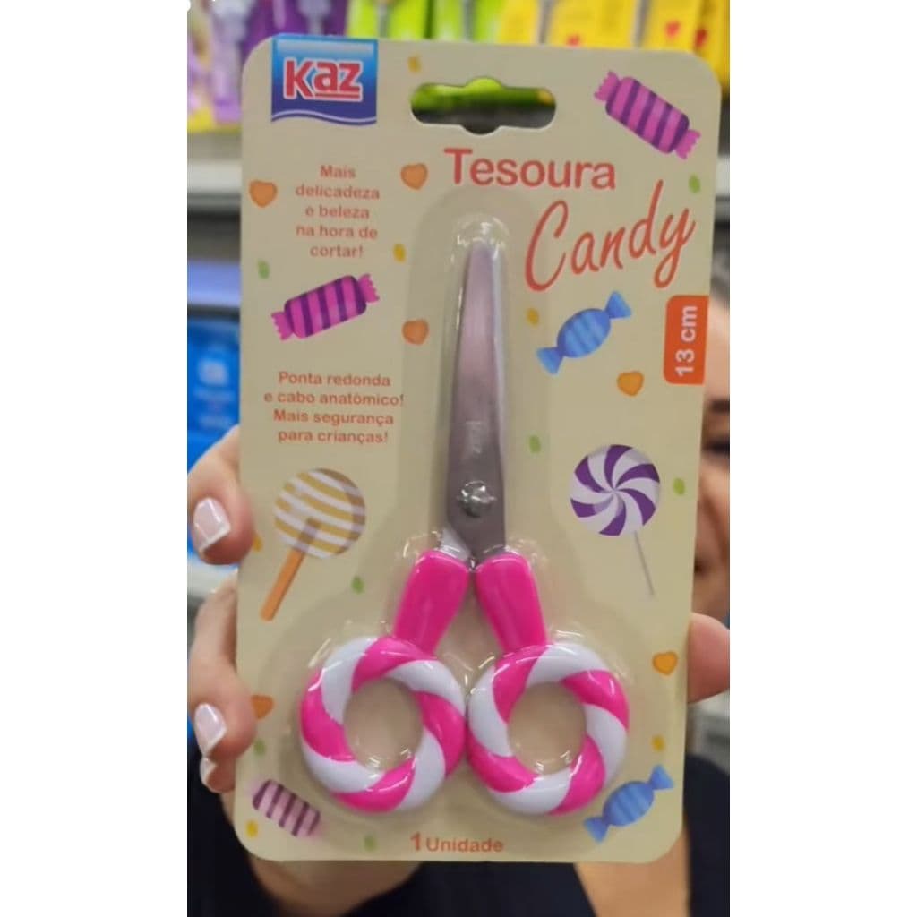 Tesoura Escolar Fofa Candy Ponta Arredondada 13cm KZ11417 KAZ