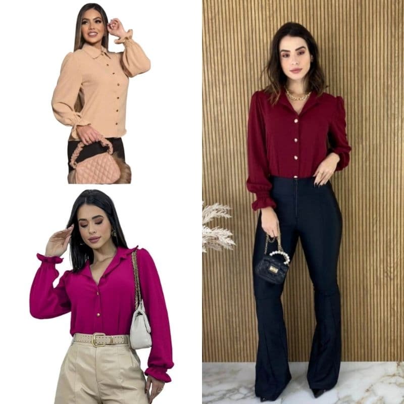 Camisa Feminina Social Manga Longa Lastex Elegante Tecido Duna e Crepinho Listrado Gola com Botões Moda Feminina