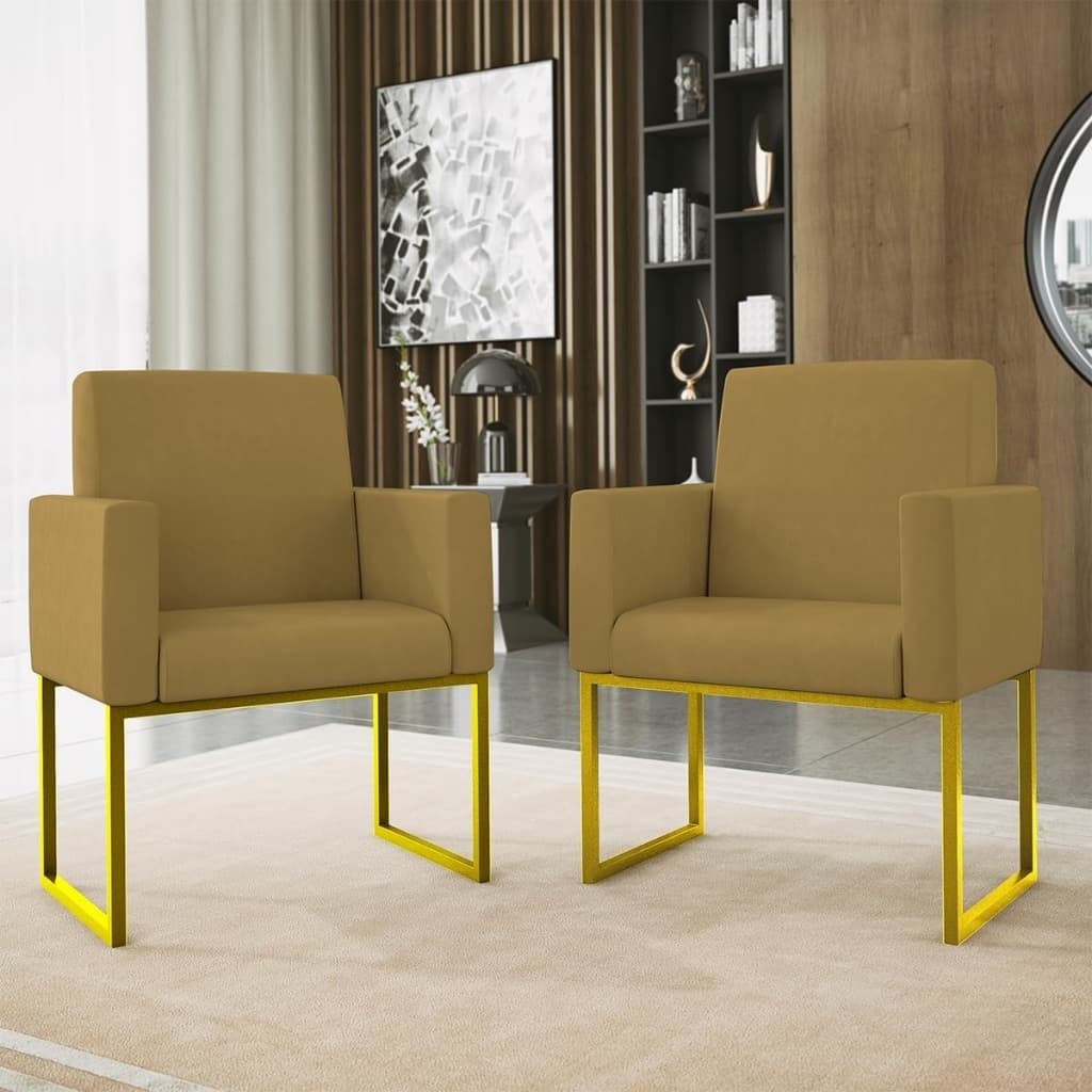KIT 2 POLTRONAS NINA BASE DE FERRO DOURADO DECORATIVAS RECEPÇÃO