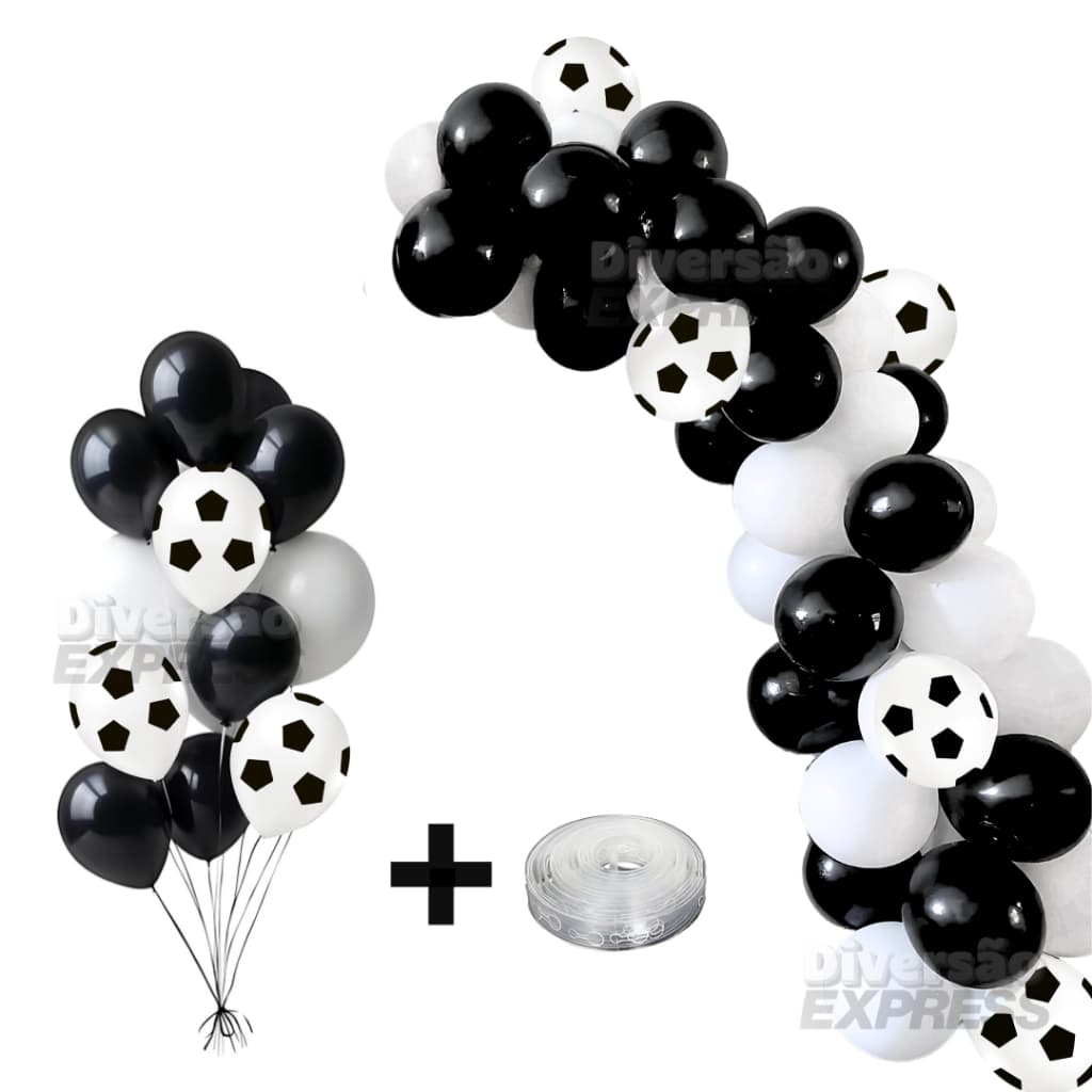 Kit Festa Decoração 125 Balões Bexigas Preto Branco Futebol + Fita para Arco Desconstruído
