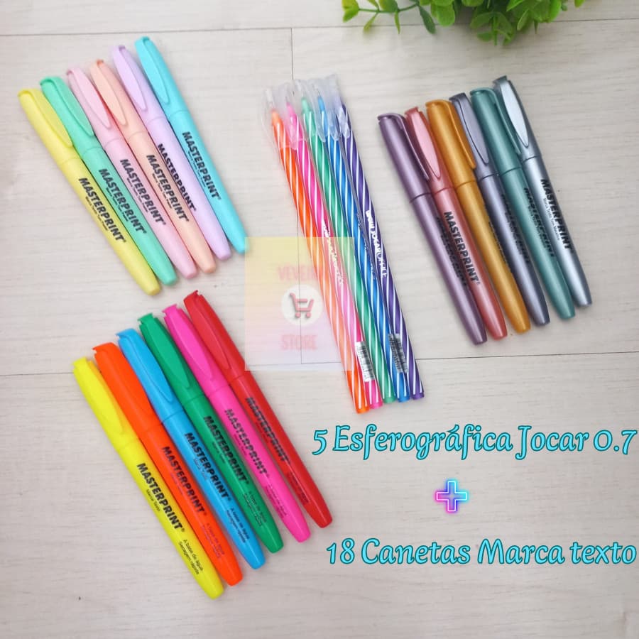 18 Canetas Marca texto (6 Pastel, 6 Neon e 6 Metálico) + 5 Canetas Esferográfica 0.7 Jocar Office