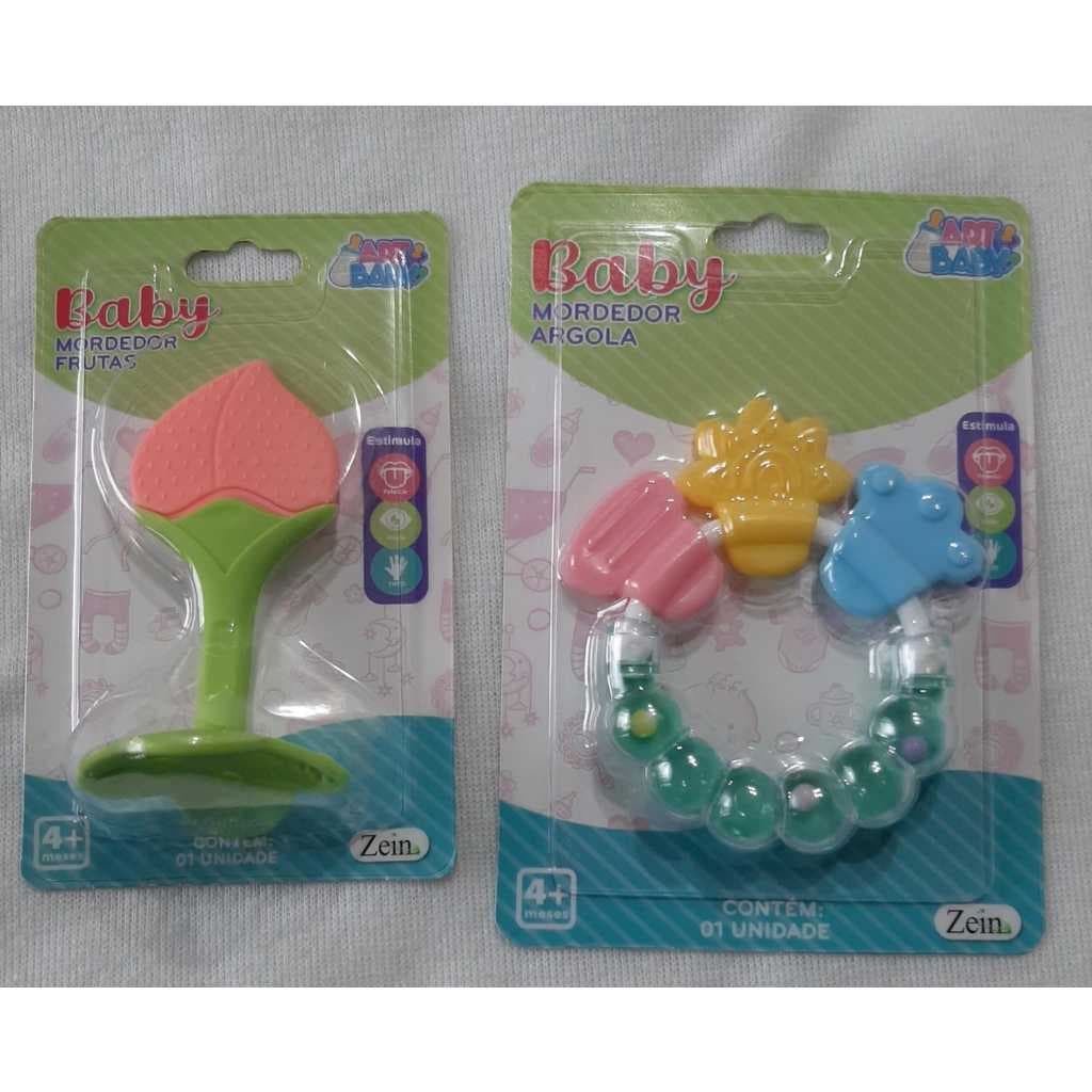 Kit Com 1 Brinquedo Chocalho Mordedor Bebê Anti Stress Gengiva Atóxico + 1 Mordedor Silicone Bebê Formato de fruta