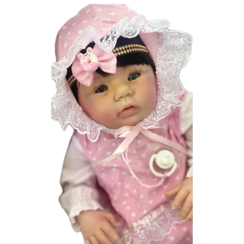 bebê reborn realista Abigail olhos azuis cabelo fio a fio preto