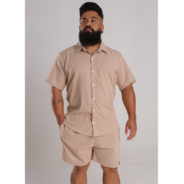 Conjunto Masculino de Linho Elegante Camisa botão e Short Linho Casual Roupa de linho Masculina