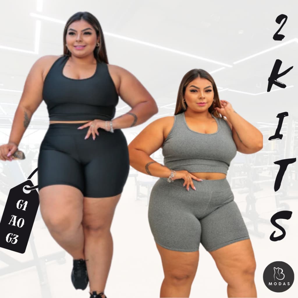 Conjunto De Academia Plus Size Curve Kit C/ 2 Tops + 2 Shorts Legging Feminino Fitness Em Suplex Meia Coxa Cintura Alta