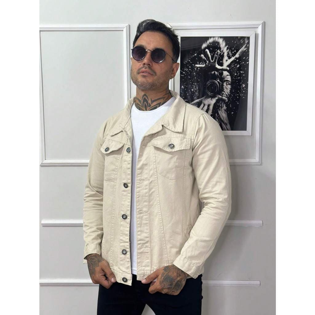Jaqueta Jeans Masculina Tradicional Bege Preta Cinza Off White Manga Longa Estilo Oversized Casual