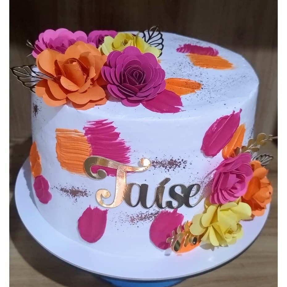 Topo de Bolo Personalizado com Flores de Papel 3D – Nome Dourado – Rosa, Laranja e Amarelo