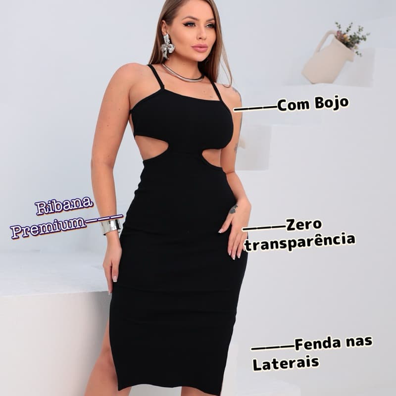 Vestido Alça Midi Costa Nu Ribana Canelado