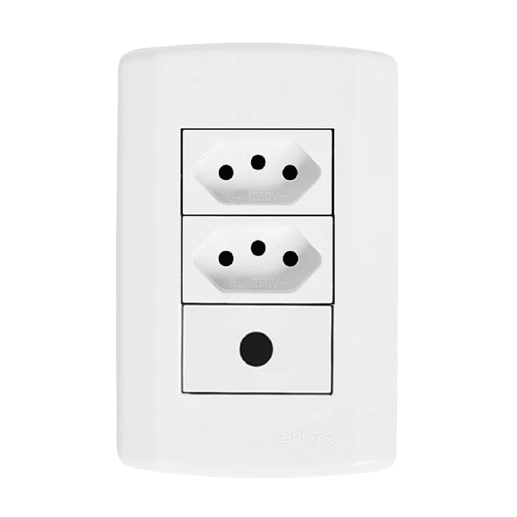 Tomada Dupla 20a + Saída Fio Módulo Furo Central Pluzie 4x2 Branca
