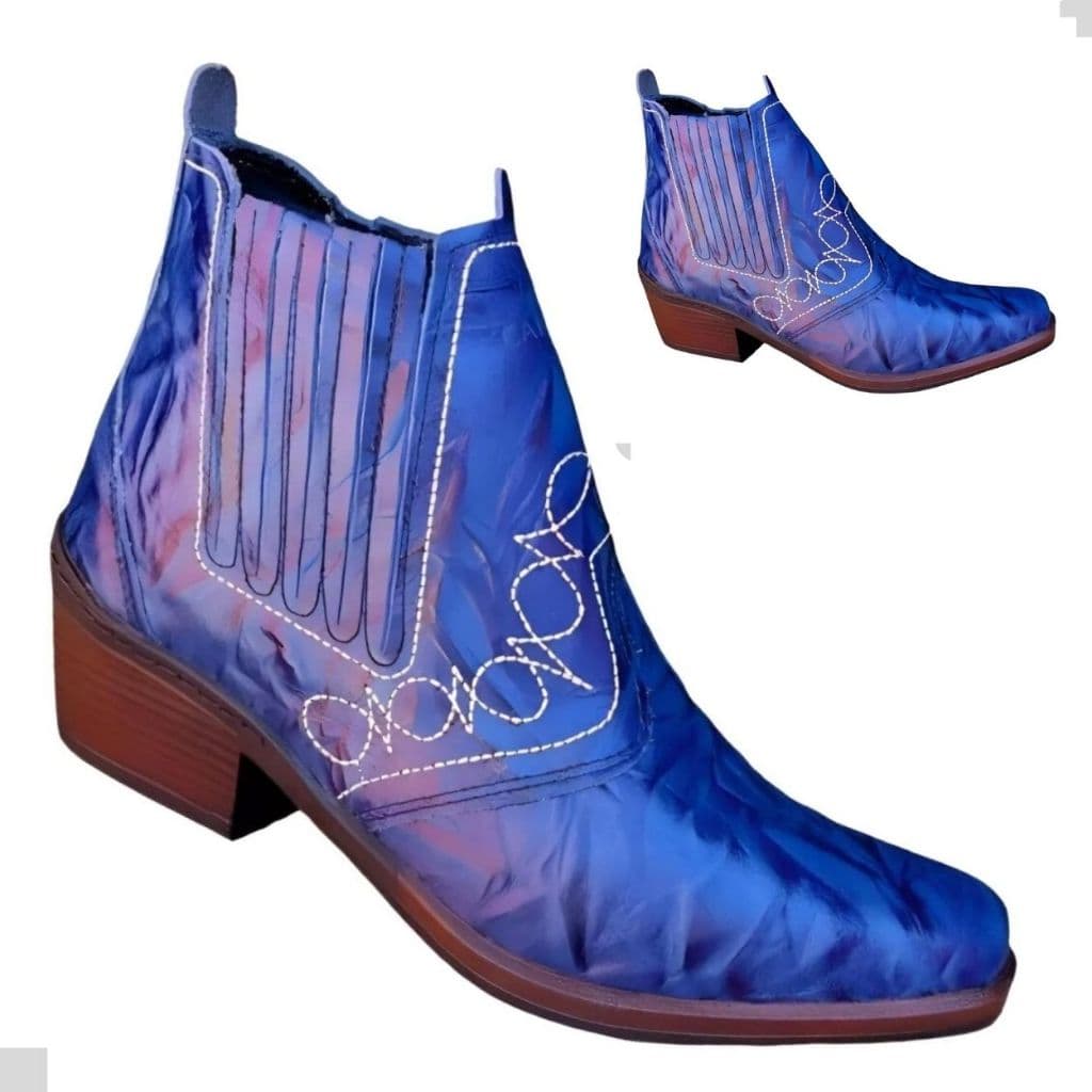 Bota Country Texana Masculina Botina Couro Cor Azul Cano Medio Curto Solado Borracha Costurado 3736