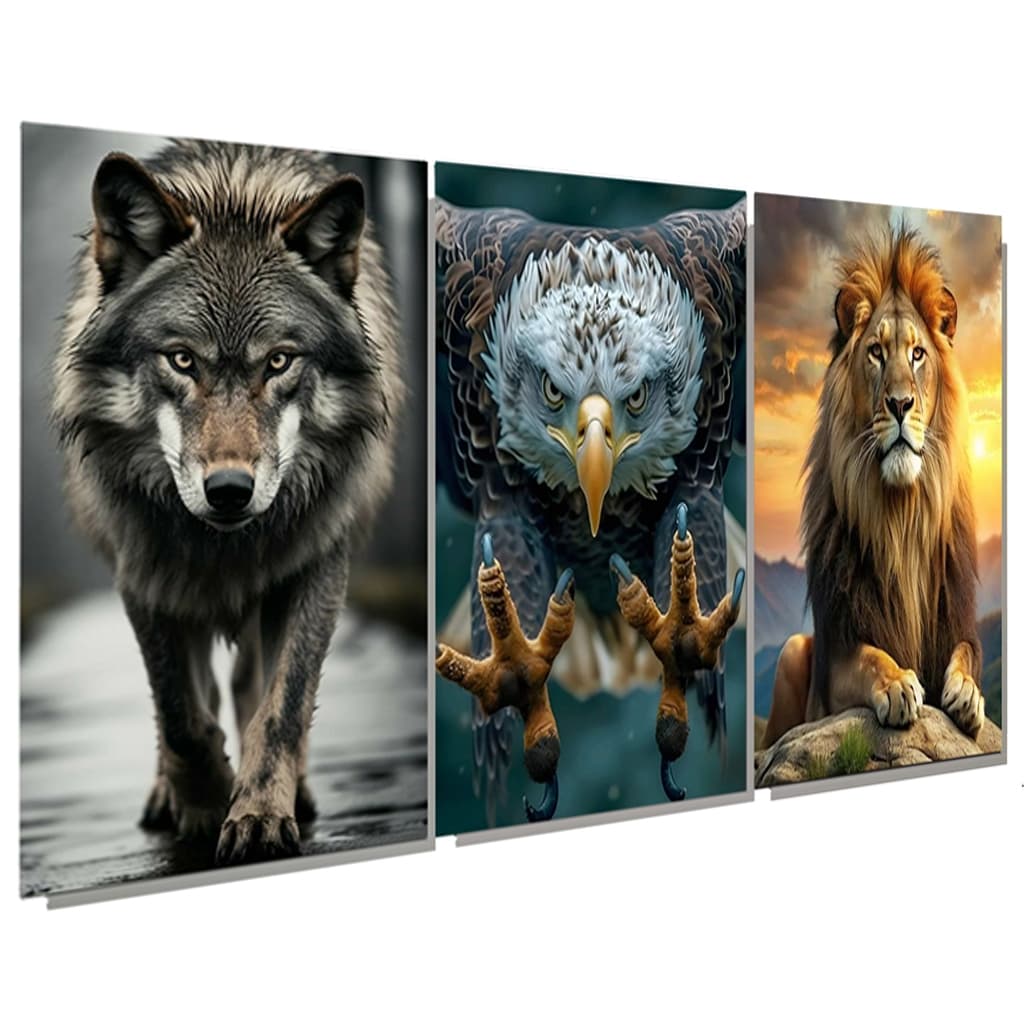 Quadro Decorativos Animais Selvagens Leão Águia Lobo Poder 3pcs 60x30cm Sala Quarto Hall