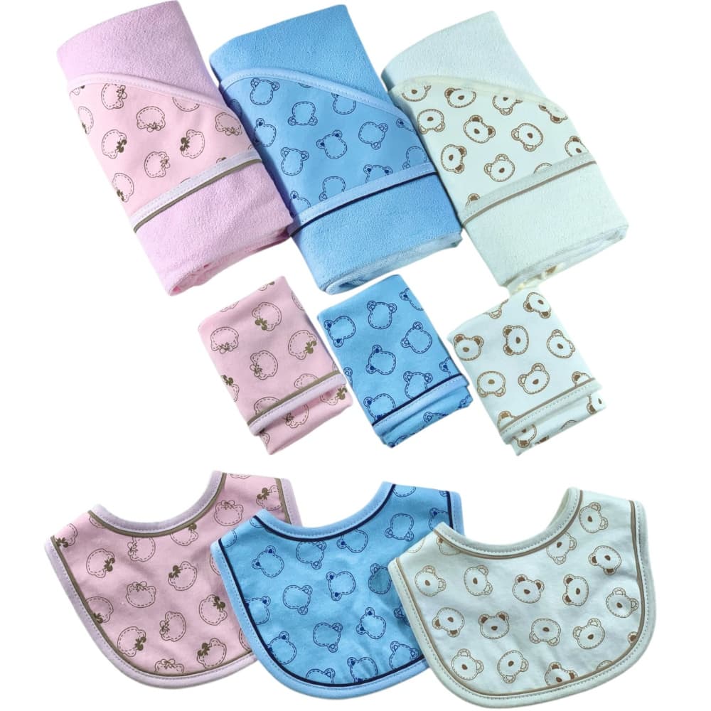 Kit Toalha de Banho Forrada com Fralda, Toalha de Boca e Babador Bebe Infantil Menino Menina RN
