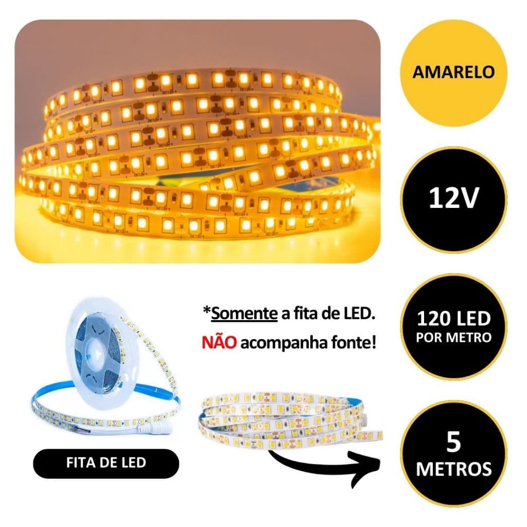 Fita 120 LED/m 12v Amarela Dourada 3528 Adesiva IP20 Sem Silicone 5 Metros Por Rolo Somente A Fita