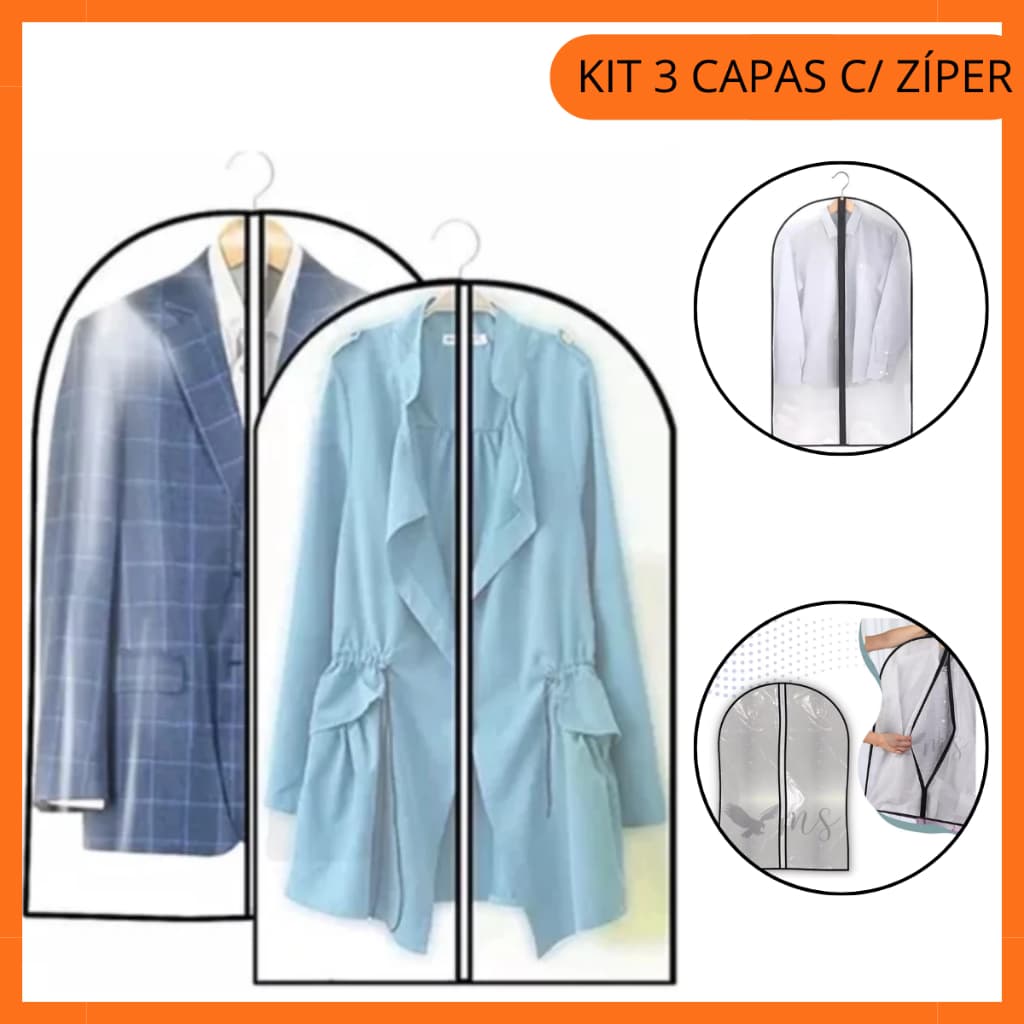 Kit 3 Capas Protetora Roupa Transparente Terno Vestido Zíper