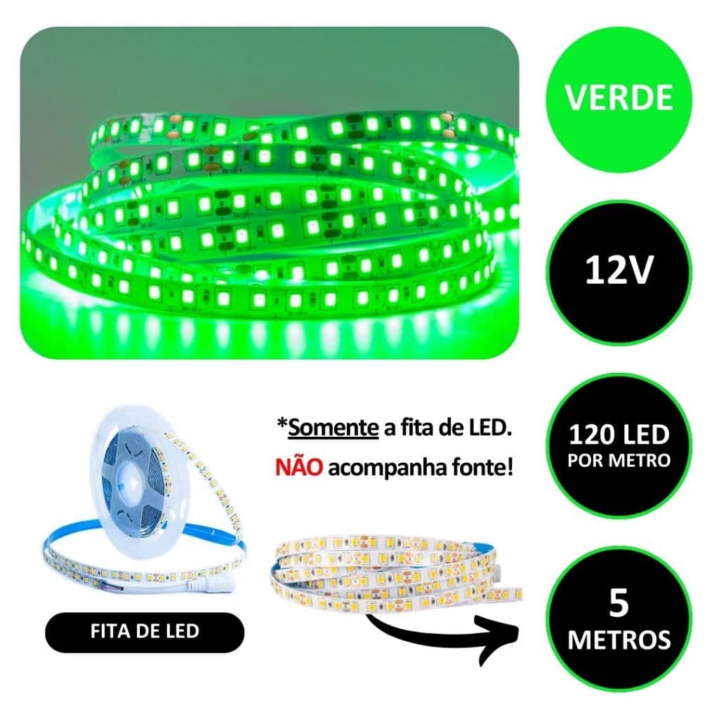 Fita 120 LED/m 12v Verde 3528 Adesiva IP20 Sem Silicone 5 Metros Por Rolo Somente A Fita