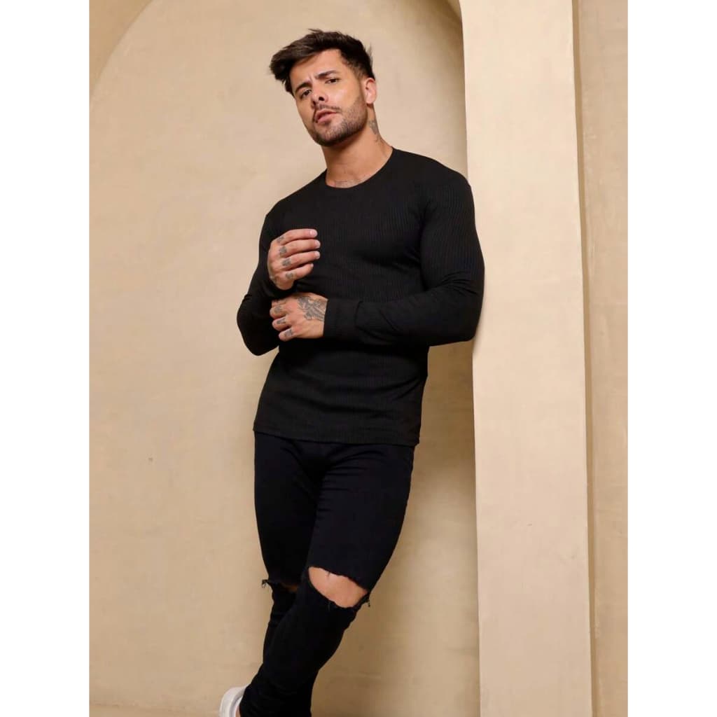 Blusa Masculina Gola Redonda Manga Longa Malha Canelada Moda Elegante de Frio e Inverno