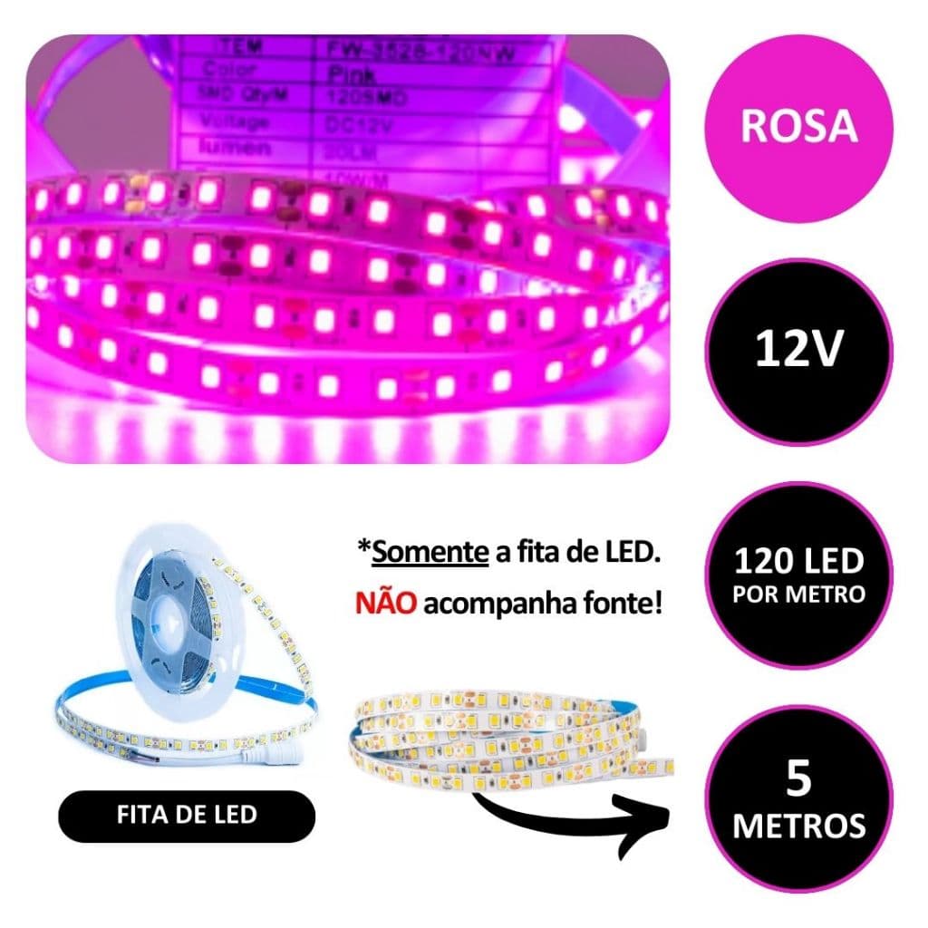 Fita 120 LED/m 12v Rosa Pink 3528 Adesiva IP20 Sem Silicone 5 Metros Por Rolo Somente A Fita