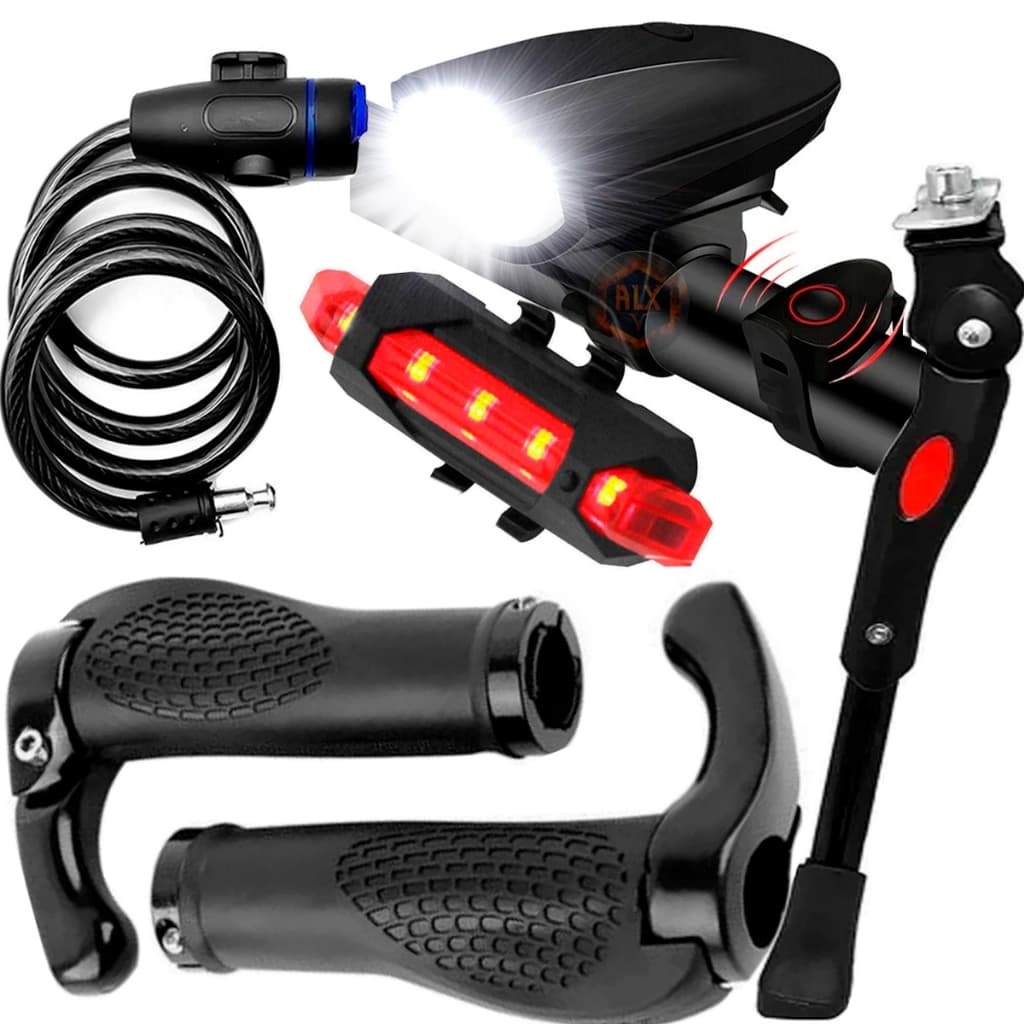 Trava De Aço Cadeado Para Bike + Pezinho Descanso 20/29 + Par De Manopla Bike + Farol C/ Buzina +Sinalizador Traseiro
