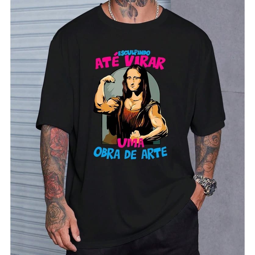 Camiseta Masculina Básica Academia Gym Esculpindo Meme Monalisa Maromba Fitness Treino