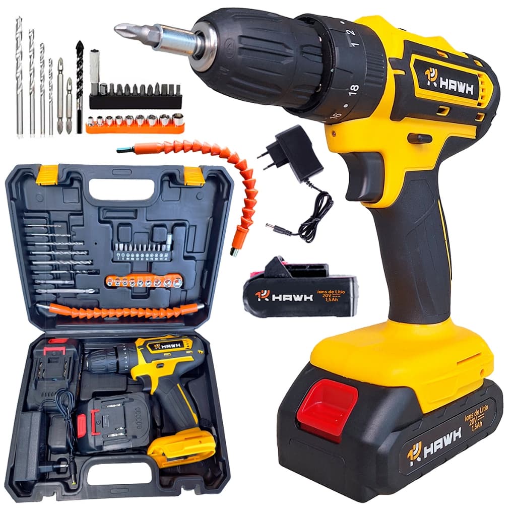 Parafusadeira 20V 1 ou 2 Bateria de Lítio 1.5Ah com maleta de acessórios HAWK