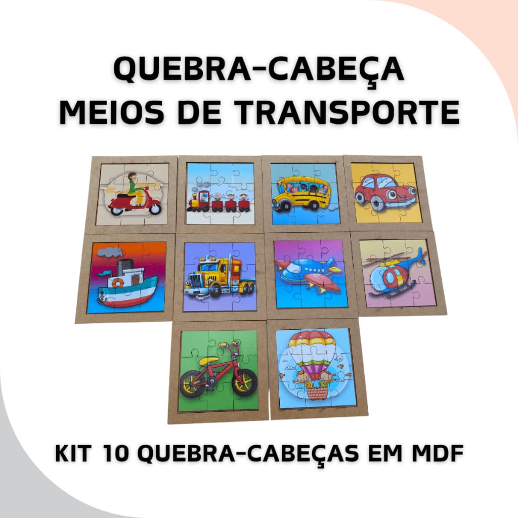 Quebra Cabeça Brinquedo Infantil Jogo Kit 10 Meio Transporte Pedagógico Educativo Brinquedos Madeira