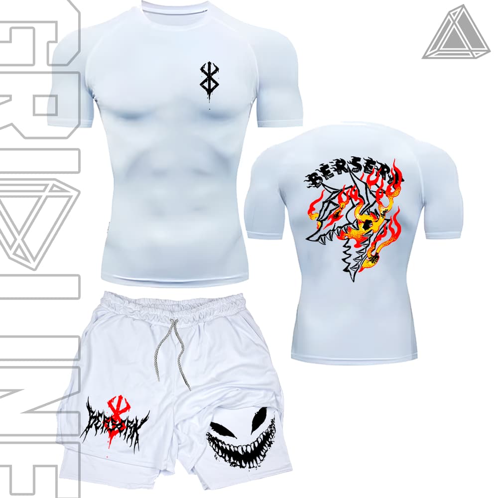 Kit Camiseta Compressão e Short compressão 2 Em 1 Academia Bersek Armadura Dark Fire Smile Mode