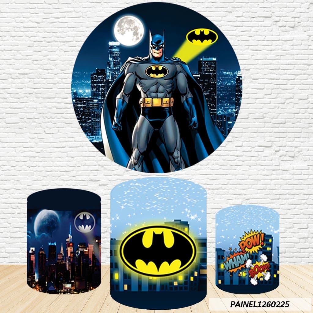 Kit de Capas de Painel Redondo Sublimado Batman 1,50M + Trio Capas de Cilindro C/Elástico