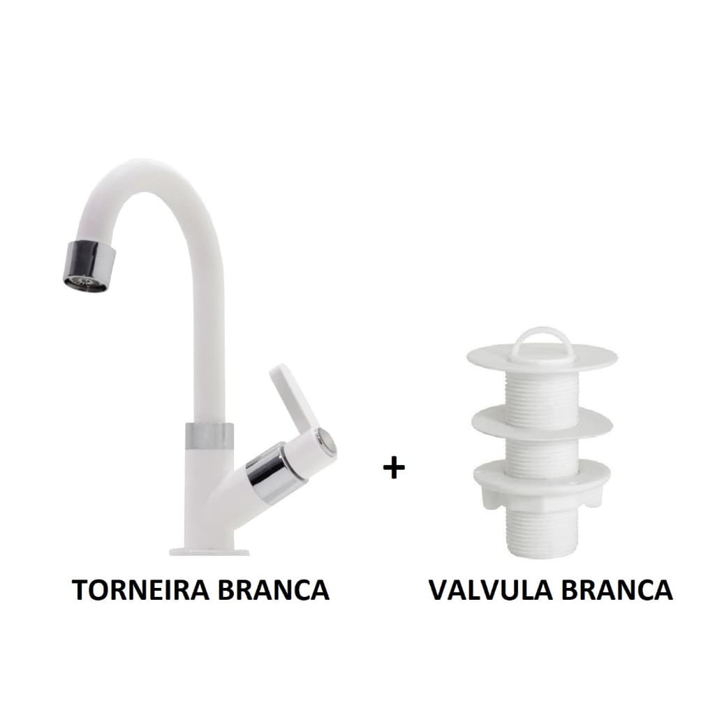 Torneira Para Banheiro Lavatório Lavabo Pia Bica Móvel 1/4 De Volta Abs Branca + Valvula Lavatorio