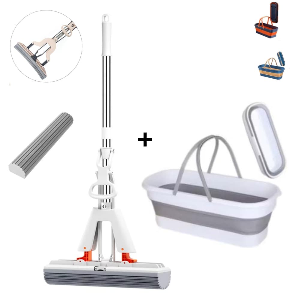 Kit Rodo Mop Flat Seca + Balde Retratil Para Limpeza Cores Diversas Bestlu