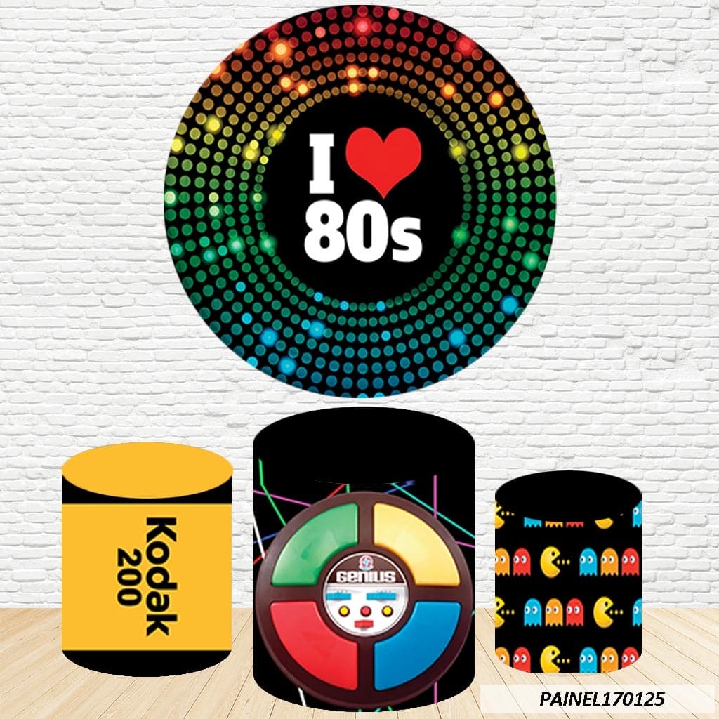 Kit de Capas Painel Redondo Sublimado Anos 80s  1,50M +Trio Capas de Cilindro C/Elástico