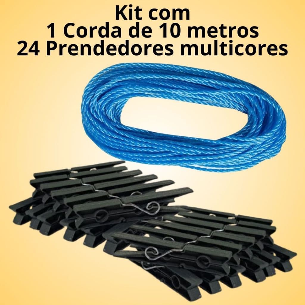 Kit 1 Corda Azul de Polietileno Trançada 2,5mm + 24 Prendedores de Plástico média Multicores