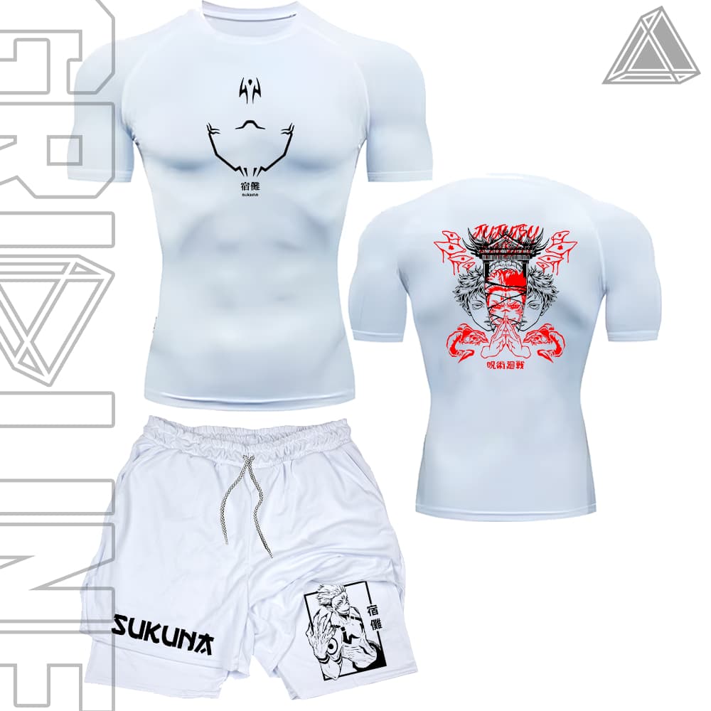 Kit Camiseta Compressão e Short compressão 2 Em 1 Ryomen Sukuna Anime Manga Geek Art