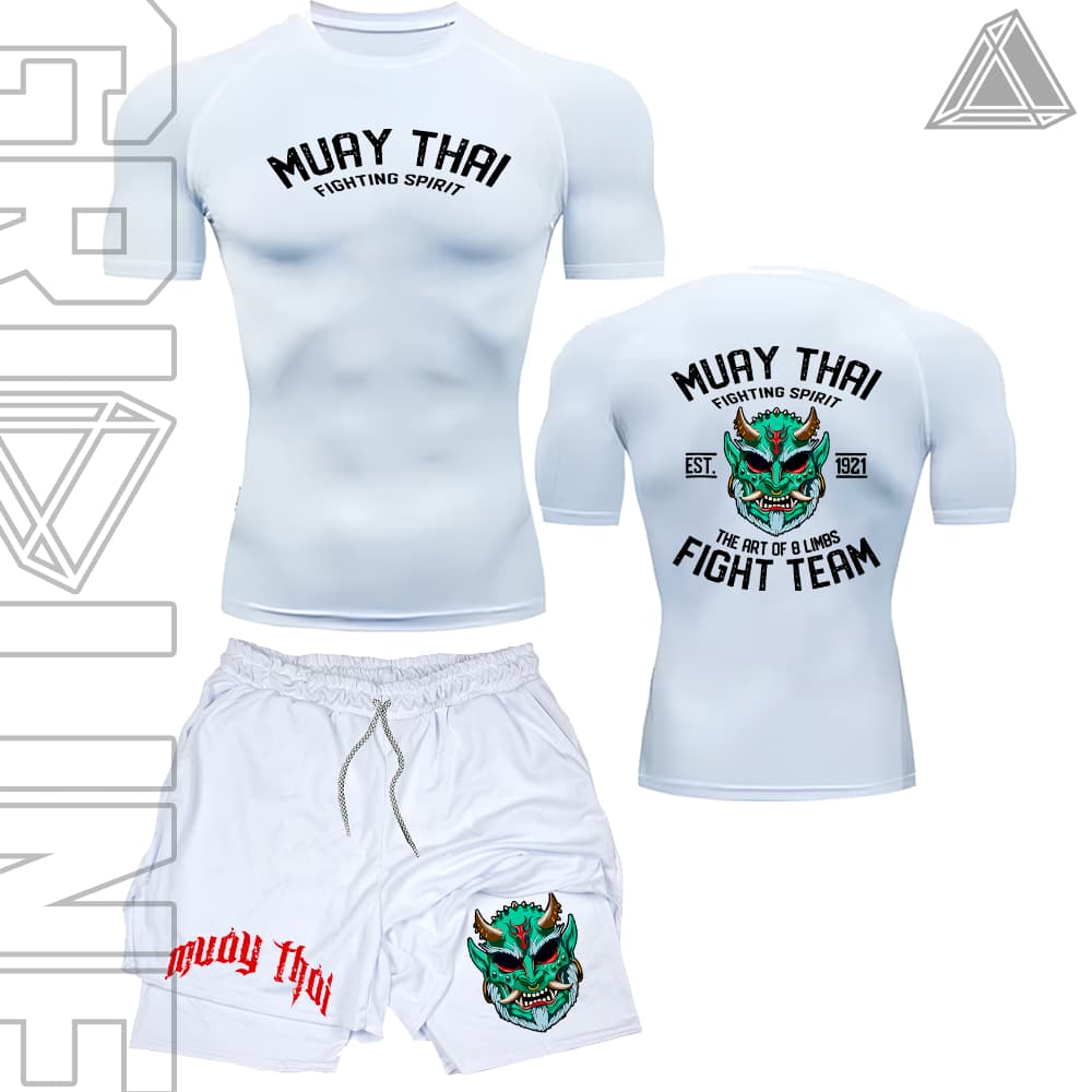 Kit Camiseta Compressão e Short compressão 2 Em 1 Muay Thai Arte Marcial Fighting Spirit Demon Mask Luta