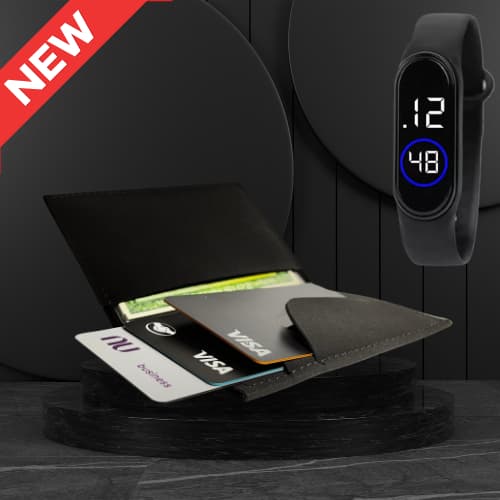 Kit Porta Cartão Couro Ecológico Moderno Slim - Carteira Masculina/Feminina + Relógio Promoção
