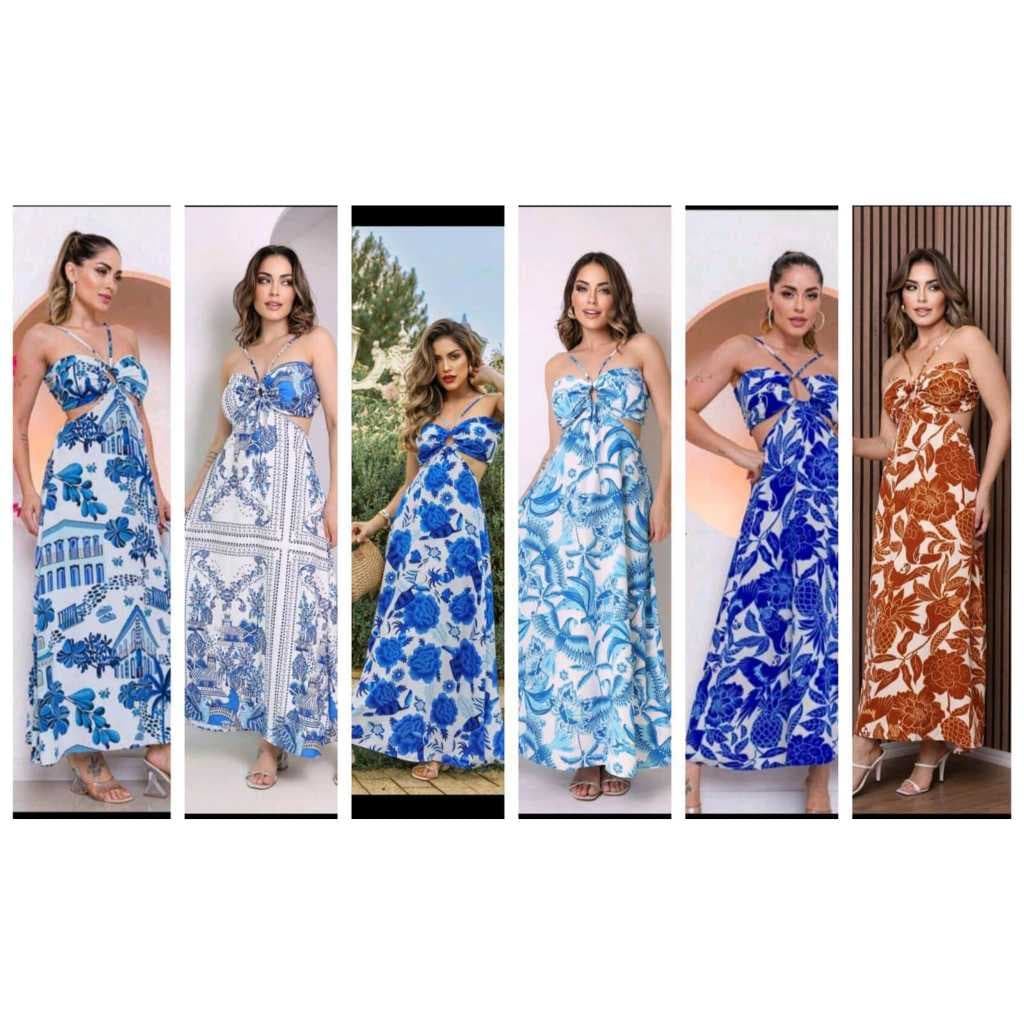 Vestido longo estampada longo alça com bojos vazado Novo Verao Moda