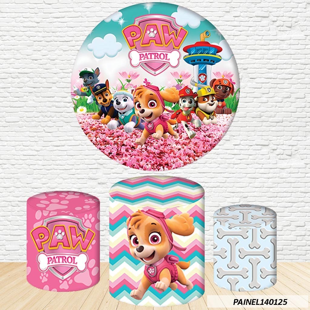 Kit de Capas Painel Redondo Sublimado Patrulha Canina 1,50M + Trio Capas de Cilindro C/Elástico