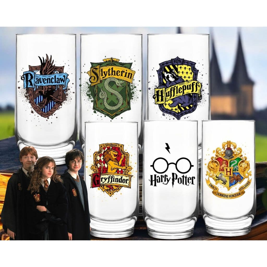 6 Copos Personalizado 300ml Estampa Casas Harry Potter Grifinória Lufa-Lufa Corvinal Sonserina Vidro